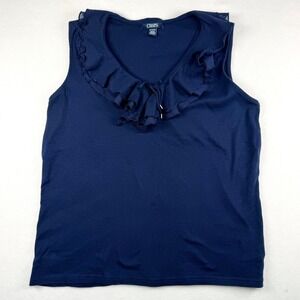 Chaps Womens XL Navy Blue Ruffle V-Neck Sleeveless Cotton Tank Top Blouse